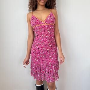 Vintage Kookai Pink Floral Mesh Dress Adjustable Strap Ruffle Hem (S/M)